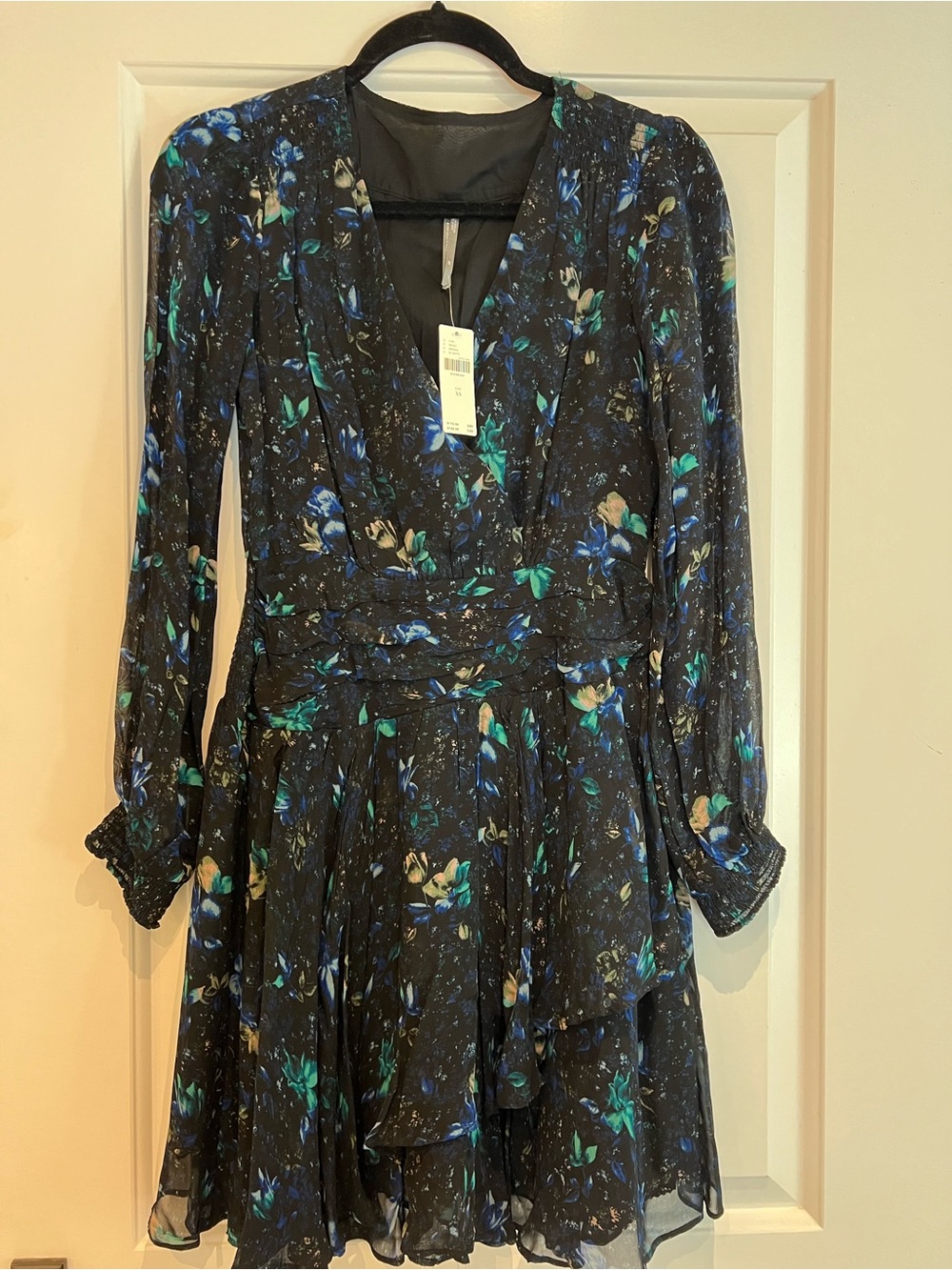 Anthropologie Black Floral Midi Dress with Blue & Teal Blooms